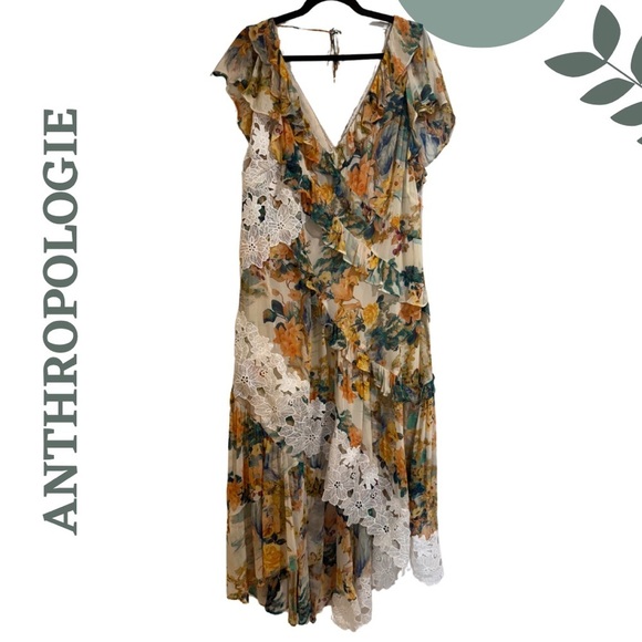 Anthropologie Floral Ruffle Maxi Hi Low Dress - V Neck Lined Romantic Size 20W - Picture 6 of 13